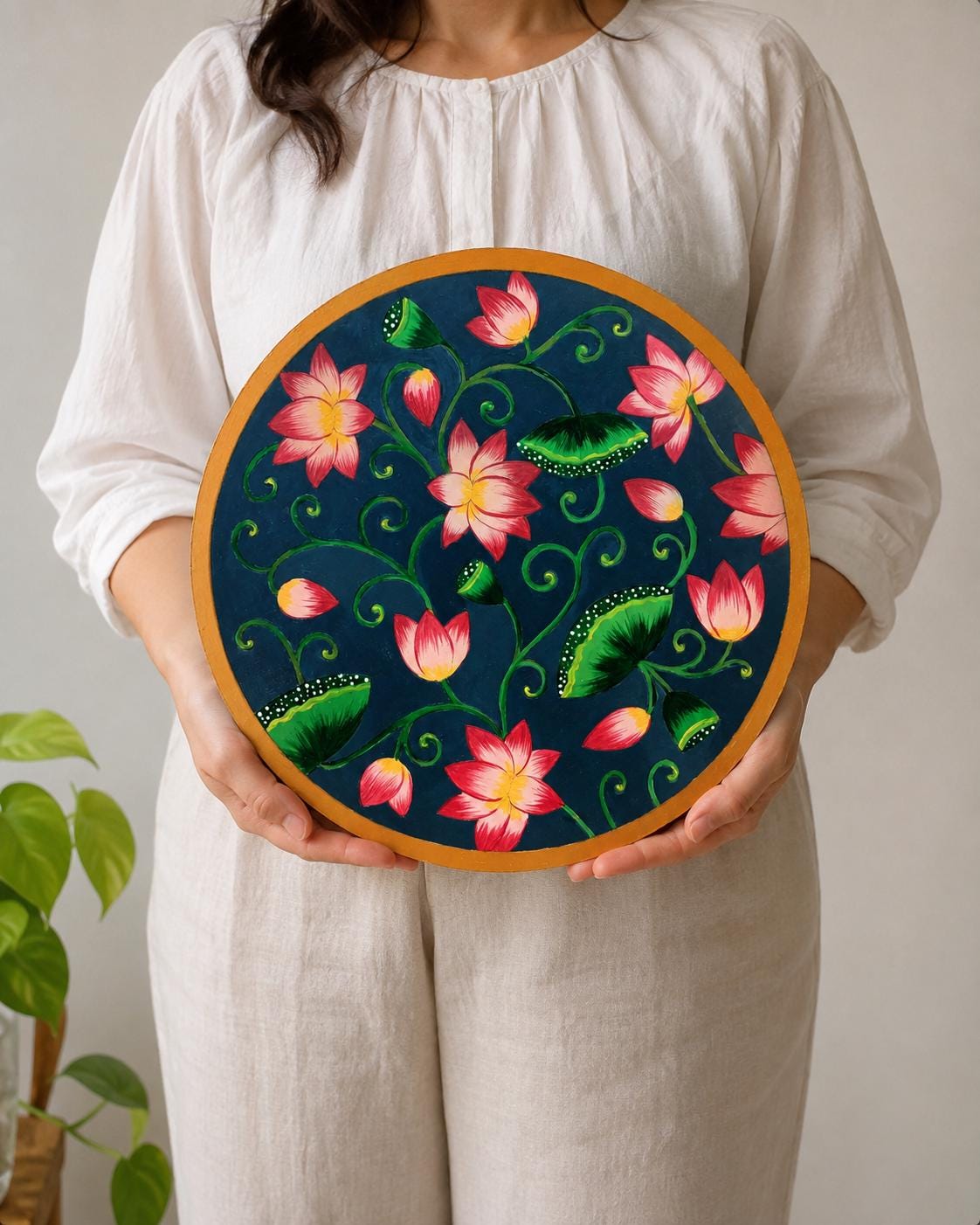Lotus Pond Pichwai Wall Art, Hand Painted Indian Folk Decor