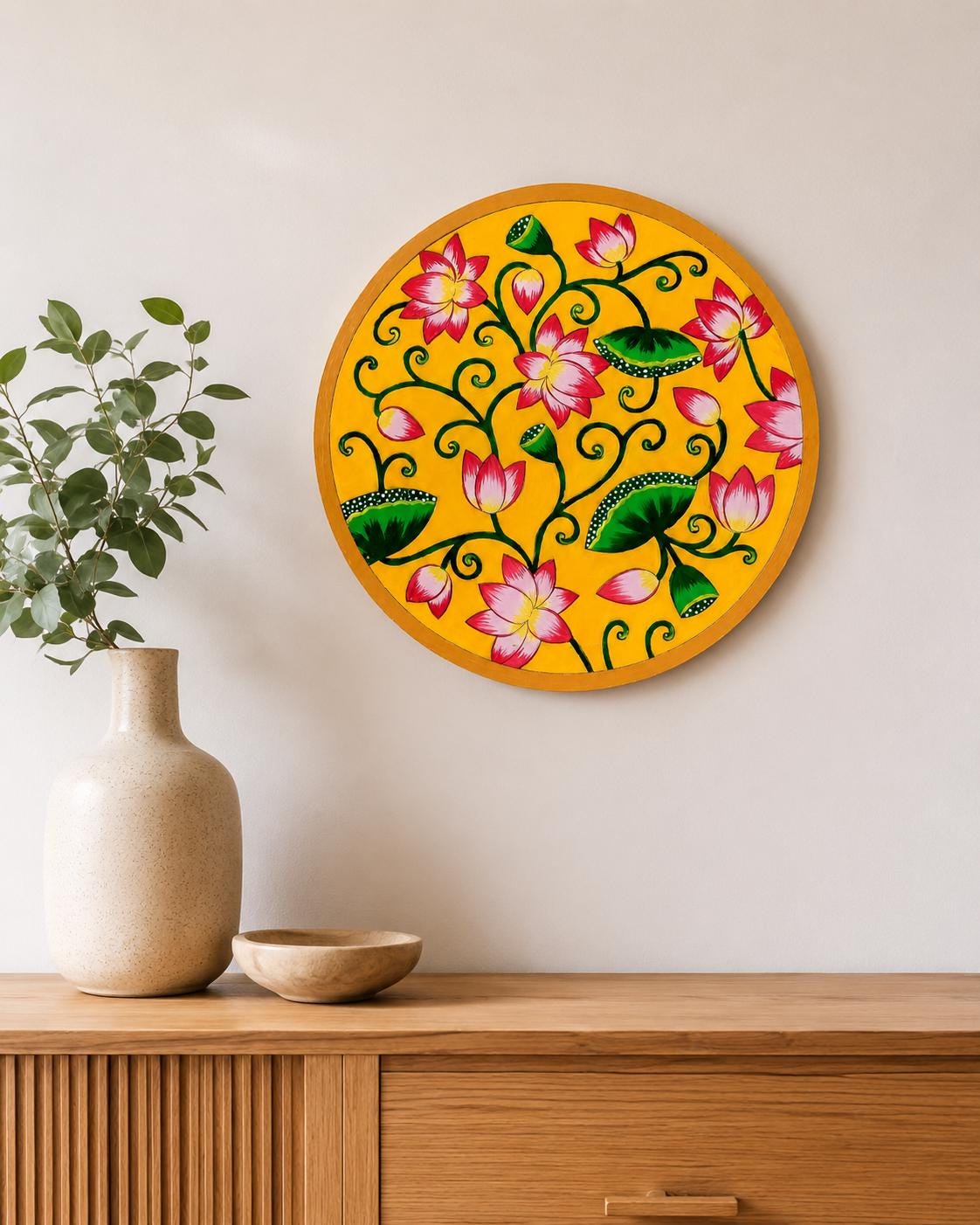 Pichwai Lotus Painting, Indian Floral Wall Art, Hand Painted Folk Decor