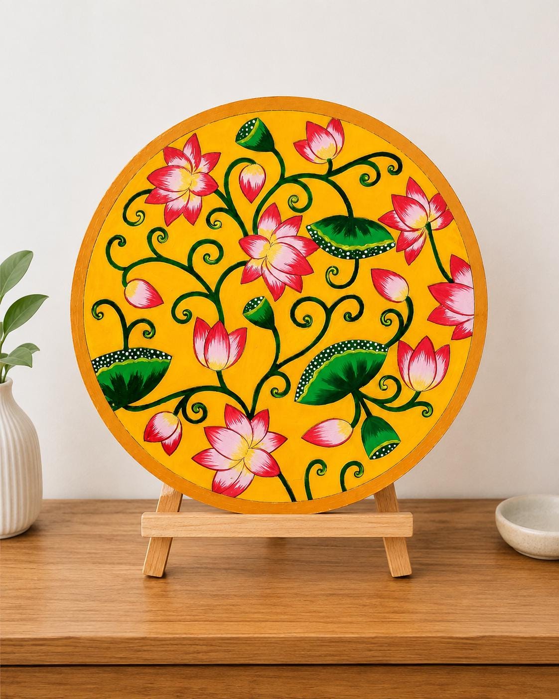 Pichwai Lotus Painting, Indian Floral Wall Art, Hand Painted Folk Decor