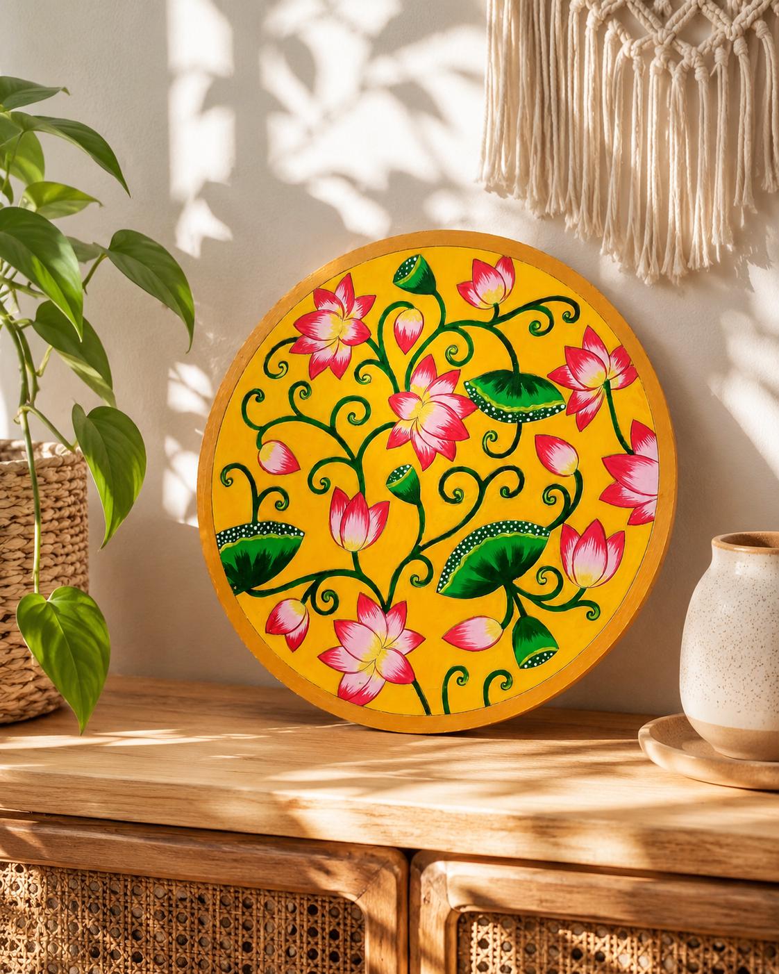 Pichwai Lotus Painting, Indian Floral Wall Art, Hand Painted Folk Decor