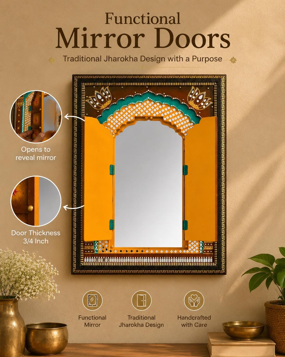 Jodhpuri Jharokha Wall Decor Set of 3, Rajasthani Mirror Art