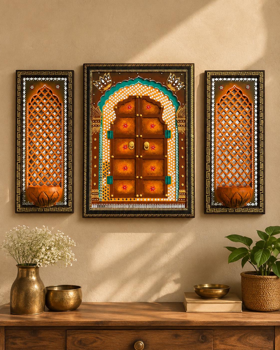 Jodhpuri Jharokha Wall Decor Set of 3, Rajasthani Mirror Art