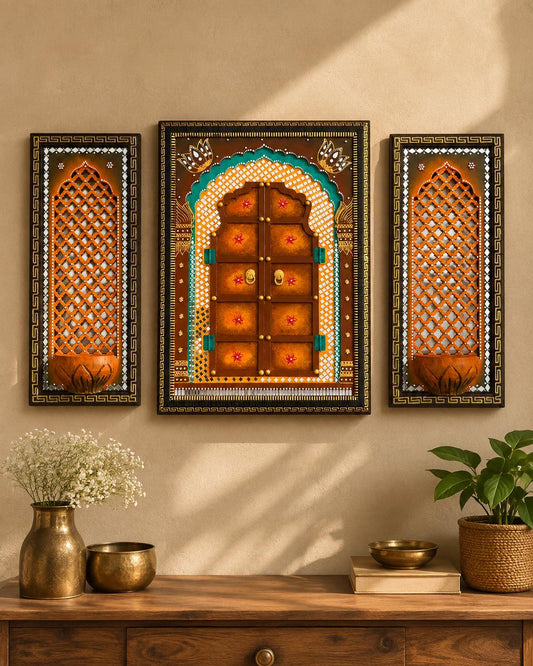 Jodhpuri Jharokha Wall Decor Set of 3, Rajasthani Mirror Art