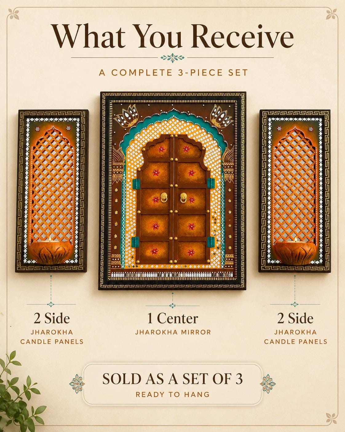 Jodhpuri Jharokha Wall Decor Set of 3, Rajasthani Mirror Art