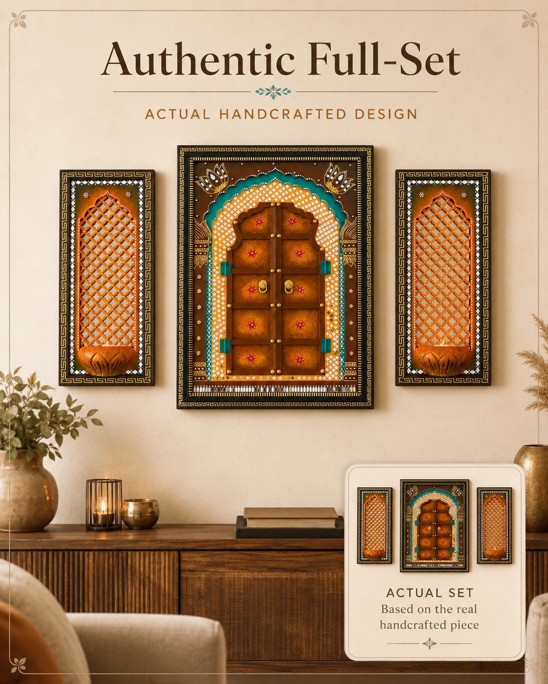 Jodhpuri Jharokha Wall Decor Set of 3, Rajasthani Mirror Art