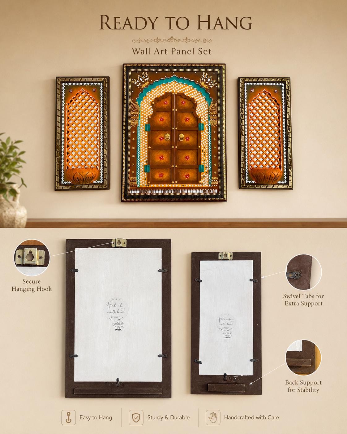 Jodhpuri Jharokha Wall Decor Set of 3, Rajasthani Mirror Art